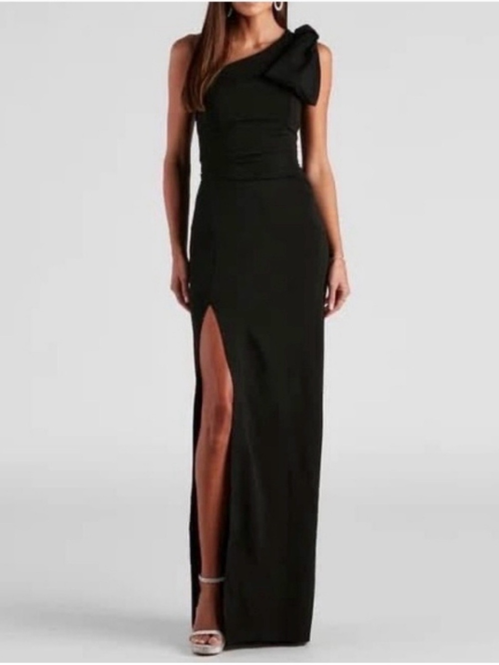 Windsor Black One-Shoulder Gown with Bow and High Slit